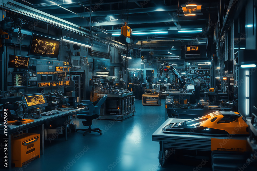 Poster futuristic engineering workshop filled with advanced technology and innovation