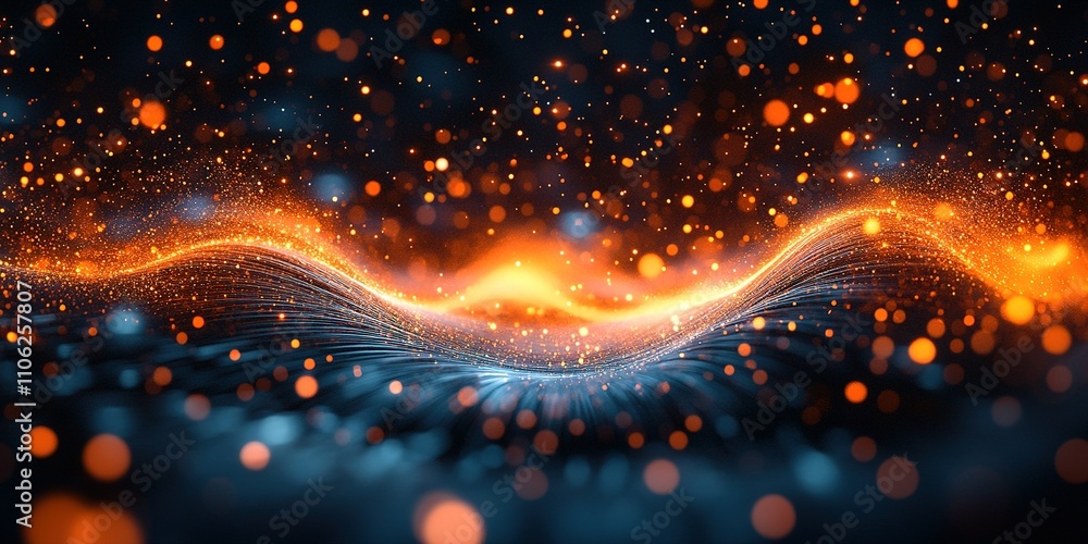 Poster dynamic wave of shimmering particles in vibrant orange and blue colors, creating a mesmerizing visua