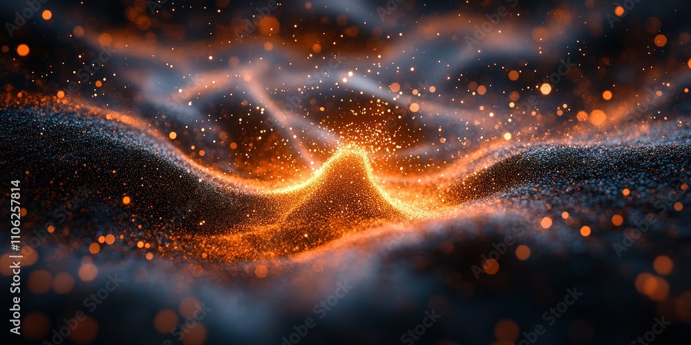 Poster dynamic eruption of glowing particles in a swirling wave pattern at a digital realm