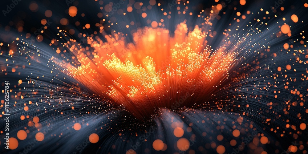 Poster vibrant explosion of orange and gold particles creating dynamic, swirling patterns in a dark backgro