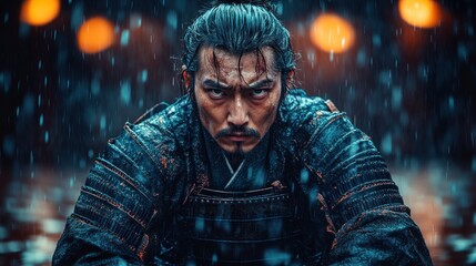 Obraz premium Intense samurai warrior in rain.