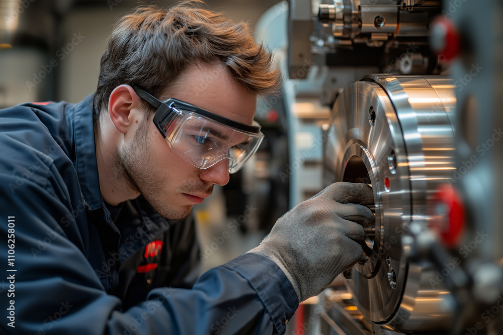 Poster Engaged lathe operator working with precision in a machine shop