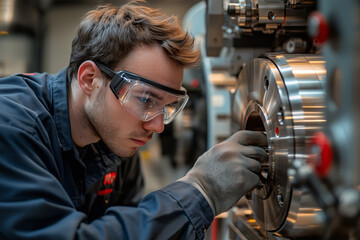 Engaged lathe operator working with precision in a machine shop