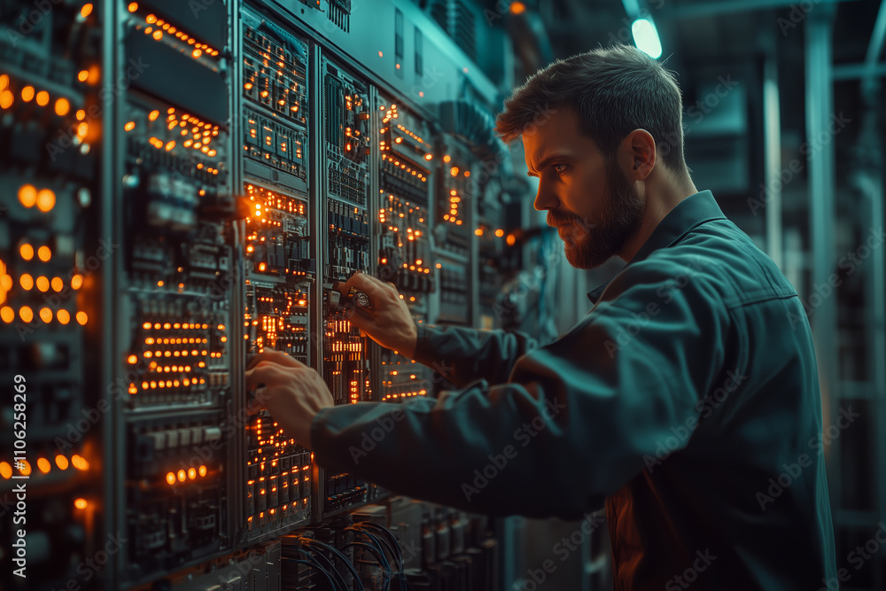 Poster modern electrician enhances high-tech circuits in futuristic environment