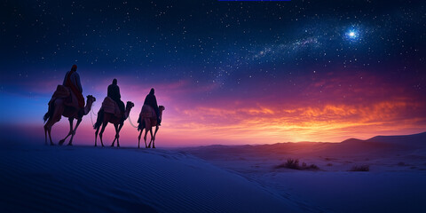 
Three Wise Men Traveling Through the Desert, Following the Star of Bethlehem. Night of the Three Wise Men. Day of the Three Wise Men. Nativity Scene