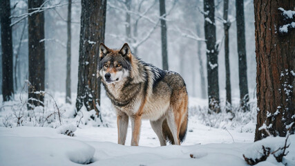 Fototapeta premium A striking wolf stands alert in a snowy forest, surrounded by tall trees dusted with fresh snow.