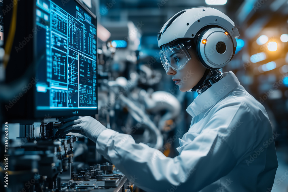 Poster modern production line operator working in advanced manufacturing facility