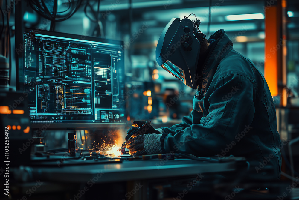 Aufkleber modern welder crafting precision work in a high-tech workshop environment