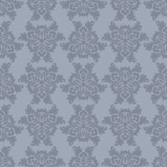 Elegant abstract vector background with curly shapes, swirls, floral elements. Luxury vintage seamless pattern. Ornament texture in damask, baroque, rococo style. Blue gray tones. Repeated design