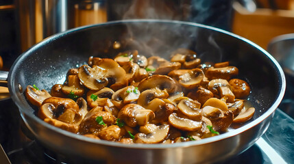 Close-up of mushrooms in a frying pan: Button mushrooms sizzling in a pan, their edges caramelizing under warm kitchen lighting.