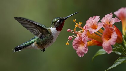 Naklejka premium Hummingbird feeding on a flower.