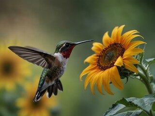 Naklejka premium Hummingbird flying in front of a sunflower.