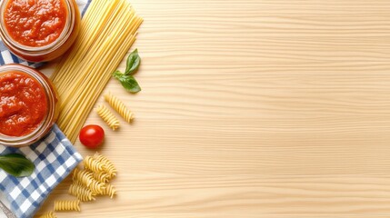 Delightful pasta preparation with fresh ingredients and vibrant sauce on a rustic wooden table