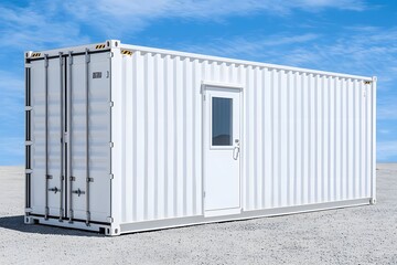 White housing container with a door, designed for storage or living purposes, offering a clean and minimalist exterior suitable for various uses in industrial or residential settings