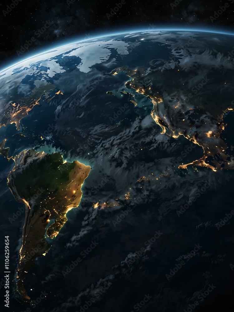 Poster hyper-realistic earth image viewed from space with starry textures.