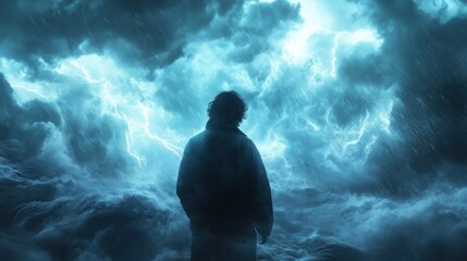 Obraz premium A lone figure stands facing a stormy sky