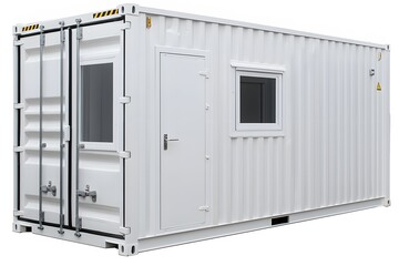 White housing container with a door, designed for storage or living purposes, offering a clean and minimalist exterior suitable for various uses in industrial or residential settings