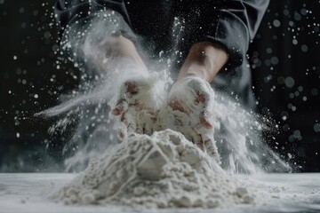 Obraz premium Flour covered chef in black outfit wipes hands on table.