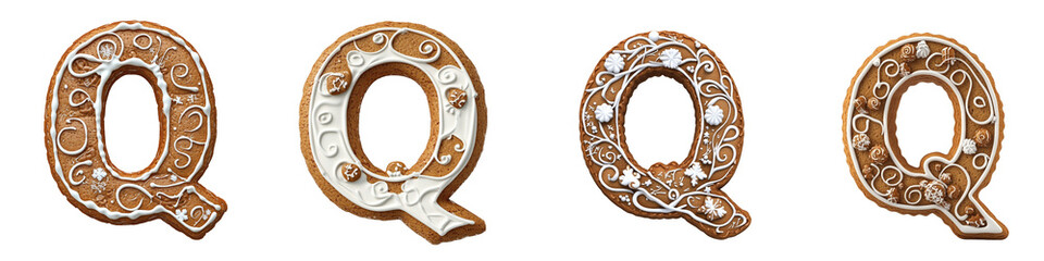 Obraz premium Alphabet Q, made with gingerbread cookie, Logo design, letter, isolated on a transparent background