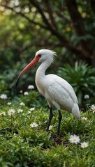 Obraz premium Ibis bird among green foliage and flowers.