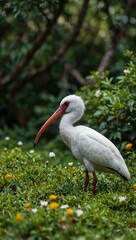 Fototapeta premium Ibis bird among green foliage and flowers.