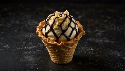 Ice cream in waffle cones—vanilla and chocolate—on a dark background.