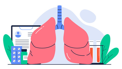 Pulmonology concept. Human lungs organ with medical equipment. Medical checkup at hospital. Respiratory system healthcare treatment. Isolated vector illustration in cartoon style
