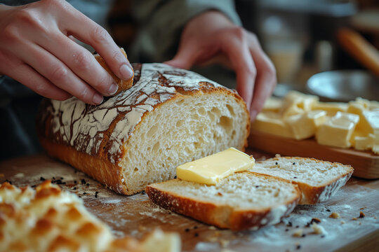Slicing fresh bread and spreading creamy butter in a cozy kitchen