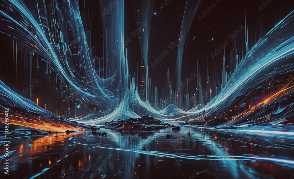 Poster computer generated image of a city with buildings and a lake. the buildings are tall and the lake is