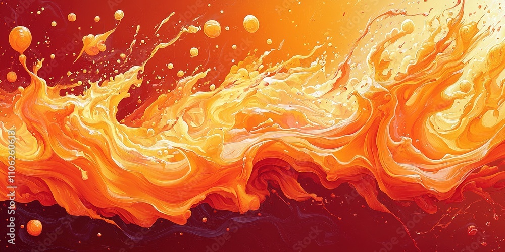Poster dynamic flow of vibrant orange waves resembling molten lava in an abstract setting during a sunset