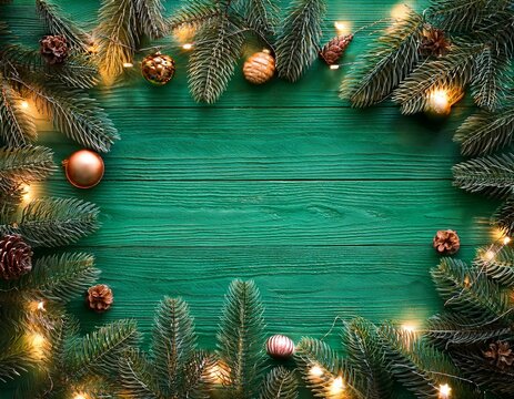 frame made of fir tree branches garland with lights and festive decorations on green wooden background christmas and new year celebration winter holidays top view flat lay with copy space