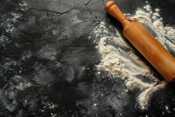 Wooden rolling pin and flour. Bakery on a black stone background. Top view. Free space for text.