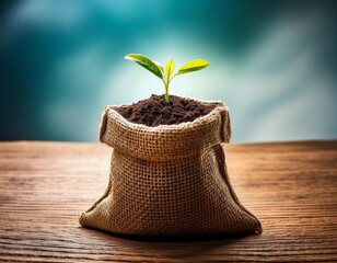 a small sapling emerging from a rustic burlap sack filled with soil