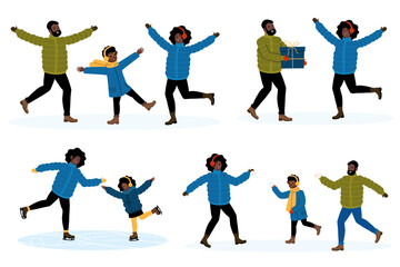 Family enjoys winter activities with laughter and joy in a snowy setting