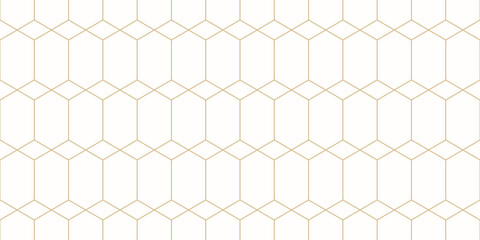 Golden abstract geometric seamless pattern in minimalist style. Luxury vector background. Simple minimal ornament. White and gold texture with hexagon grid, diamond shapes, lattice, net, repeat tiles