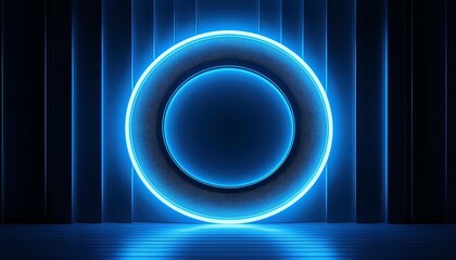 3d render abstract geometric wallpaper round shape illuminated by bright neon blue light in the dark the vivid glow creates a striking contrast against the black background modern wall lamp