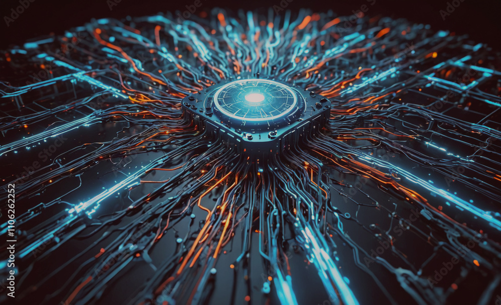 Aufkleber computer chip with a blue and orange design. the chip is surrounded by wires
