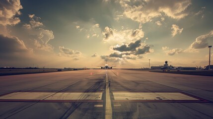 Airplane on Runway at Sunset