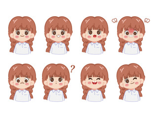 Cute cartoon girl in different facial expressions set isolated vector illustration.