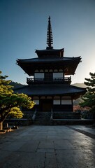 Iconic Hōkan-ji Pagoda silhouette in Kyoto against a blue sky.