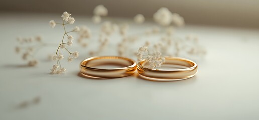 Close-up of two gold wedding rings resting on a white surface adorned with small white flowers.