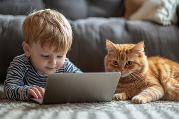 Fototapeta premium Happy Little White Blonde Boy Child Using Laptop Cuddled With His Pet Cat Kitten