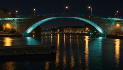 Obraz premium Illuminated bridge over a river in the evening city.
