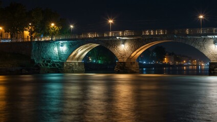 Illuminated bridge over a river in the evening city.