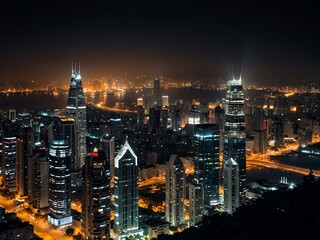 Fototapeta premium Illuminated cityscape at night with modern nightlife.