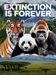 A striking collage of a tiger, panda, and gorilla with the message "Extinction Is Forever," set against lush natural landscapes, emphasizing the urgency of wildlife conservation and protecting endange