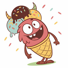 A cheerful monster made of ice cream scoops, with sprinkles and chocolate syrup dripping.