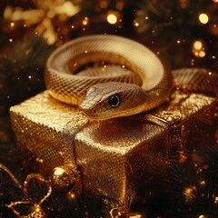 Fototapeta premium golden snake next to a golden Christmas gift