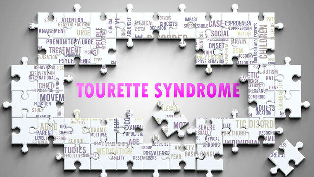 Tourette Syndrome as a complex subject, related to important topics. Pictured as a puzzle and a word cloud made of most important ideas and phrases related to tourette syndrome. ,3d illustration