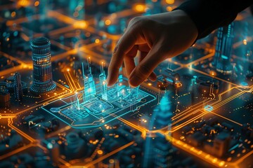 Hand interacting with digital city map design.